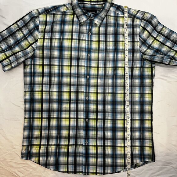 Marmot For Life Mens Gorpcore Button Up Short Sleeve Size L Blue Green Plaid - Picture 12 of 14